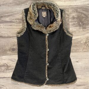 J. Jill Faux Fur Trim Vest Women's XS Brown Button Up Lined